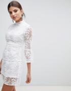 Boohoo Embroidered Mesh Tiered Lace Dress - White