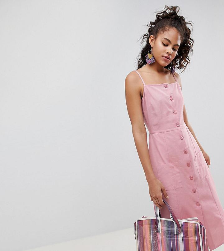 Asos Design Tall Button Through Linen Midi Sundress - Pink