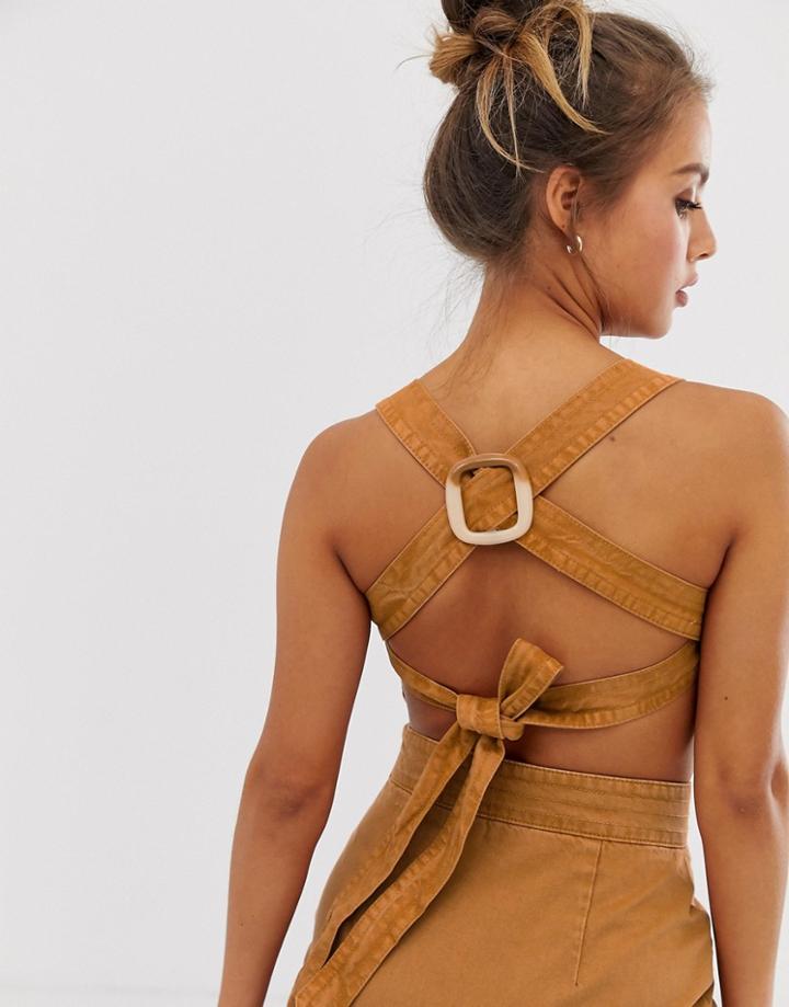 Asos Design Denim Two-piece Crop Top With Ring Back Detail - Brown