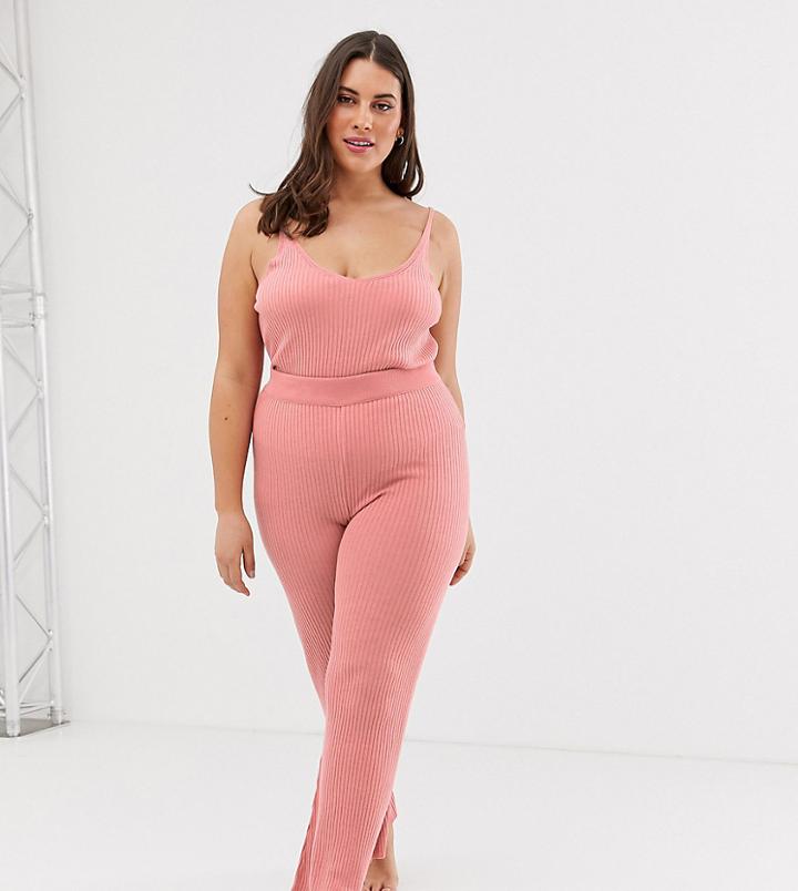 Asos Design Curve Lounge Knitted Rib Flare Pants-pink
