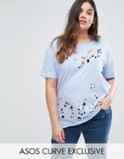Asos Curve Oversized Tunic T-shirt With Nibble Detail - Blue