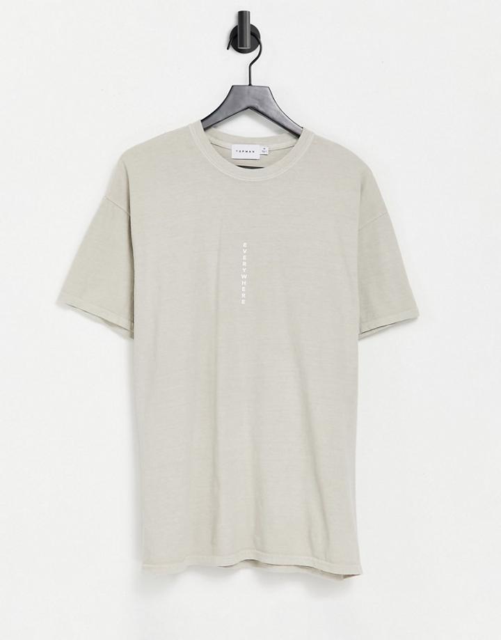 Topman Oversized T-shirt With Vertical Everywhere Print In Stone-neutral