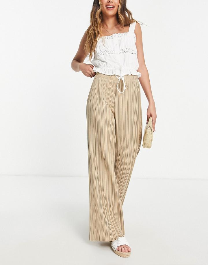 Urban Revivo Wide Leg Plisse Pants In Beige-neutral