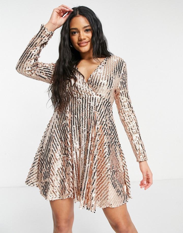 Club L London Wrap Front Sequin Skater Dress In Gold