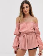 Asos Design Long Sleeve Off The Shoulder Top In Textured Fabric With Belt Detail - Pink