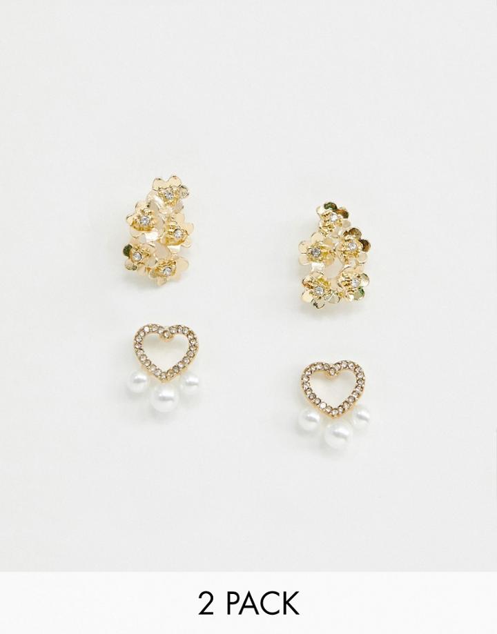 Asos Design Pack Of 2 Stud Earrings With Pearl And Floral Detail In Gold - Gold