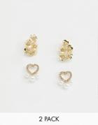 Asos Design Pack Of 2 Stud Earrings With Pearl And Floral Detail In Gold - Gold
