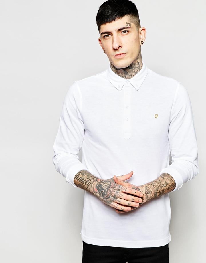 Farah Long Sleeve Polo Shirt In Reg Fit - White