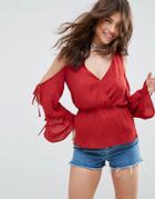 Asos Wrap Front Crinkle Top With Tie Cold Shoulder - Red