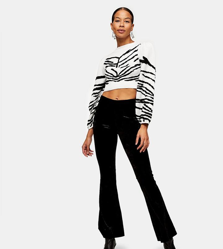 Topshop Tall Crushed Velvet Flared Pants In Black