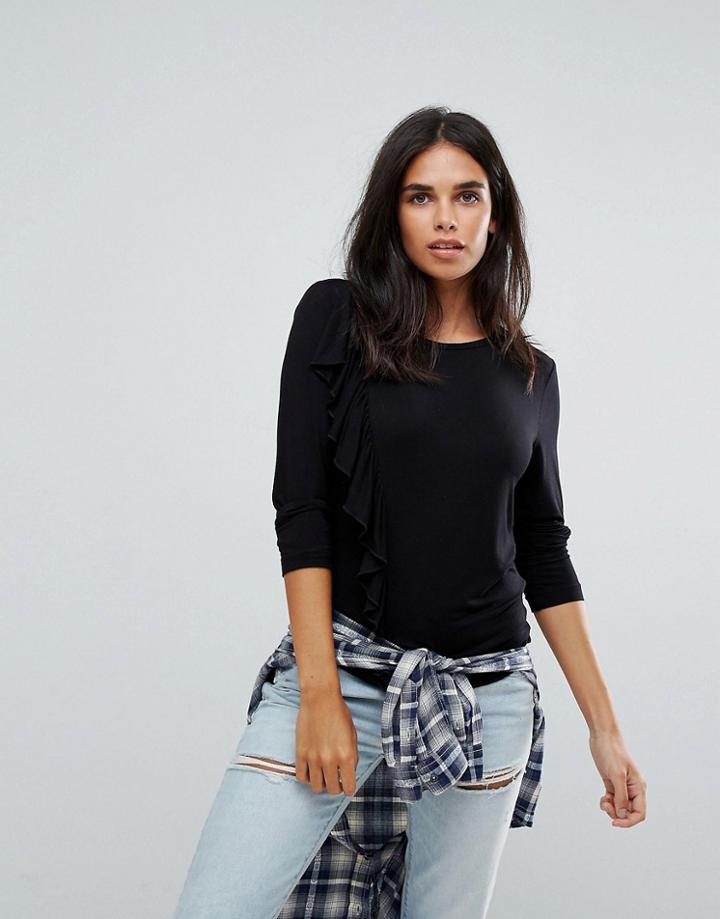 Only Flin Bias Asymmetric Frill Side Long Sleeved Top - Black