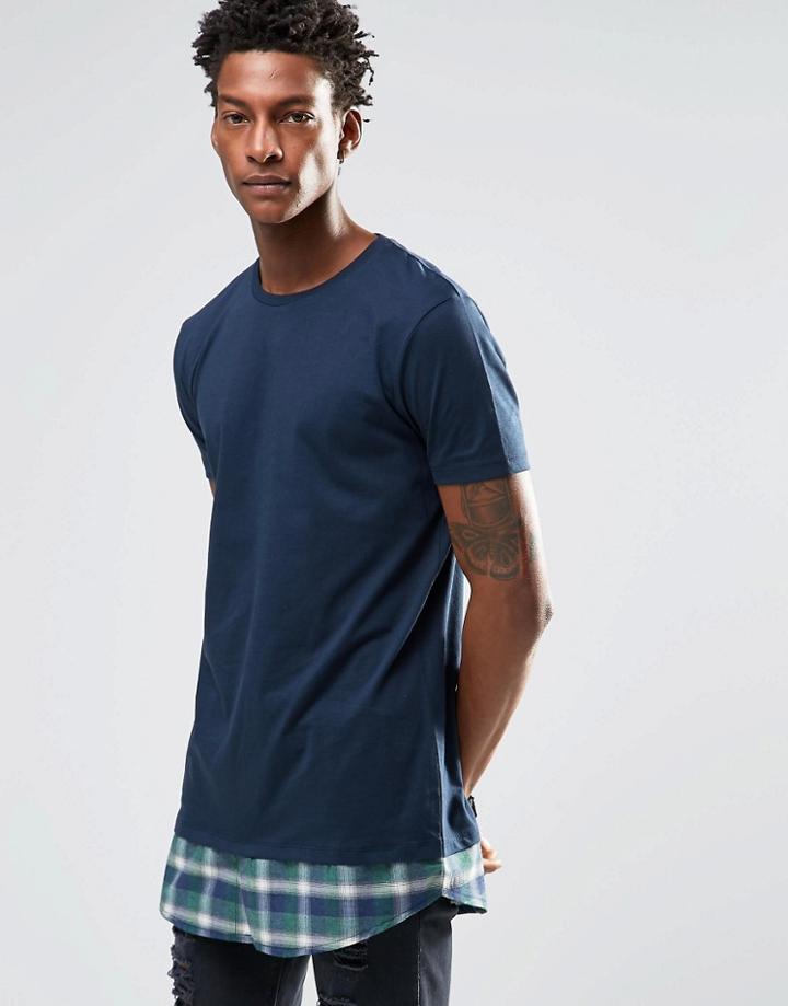 Asos Super Longline T-shirt With Check Shirt Hem - Gray Marl