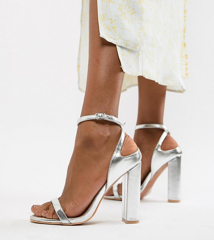 Lost Ink Wide Fit Silver Block Heel Ankle Strap Sandals - Silver