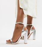 Lost Ink Wide Fit Silver Block Heel Ankle Strap Sandals - Silver