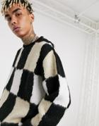 Asos Design Oversized Checkerboard Sweater In Fluffy Yarn-black
