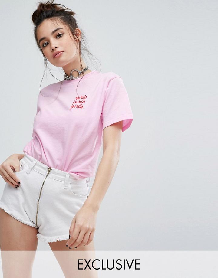 Adolescent Clothing Boyfriend T-shirt With Girls Girls Girls Embroidery - Yellow