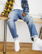 Asos Design Straight Crop Jeans In Vintage Mid Wash With Knee Abrasions-blue
