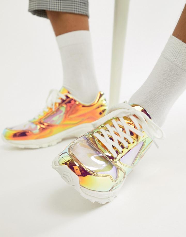 Asos Design Sneakers In Iridescent With Transparent Panels And Chunky Sole - White