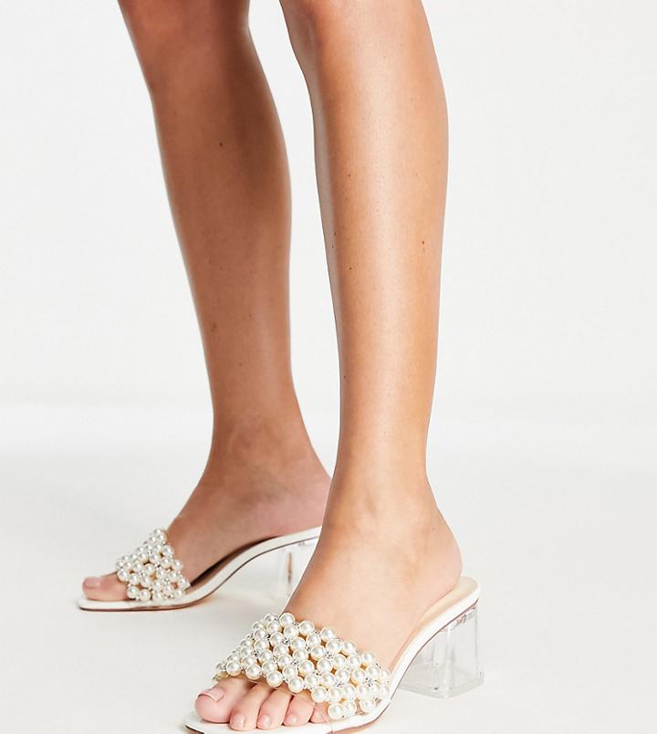 Truffle Collection Wide Fit Pearl Embellished Bridal Mules In White