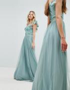 Amelia Rose Embellished Top Maxi Dress With Frill Sleeve Detail - Green