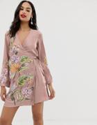 Asos Design Satin Kimono Jacket Mini Dress With Floral Embroidery And Tassle Tie-pink