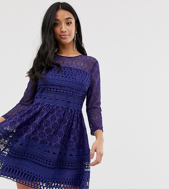 Asos Design Petite Premium Lace Mini Skater Dress-navy