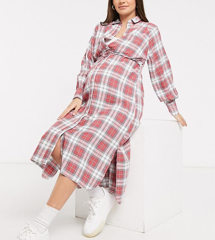 Asos Design Maternity Nursing Button Through Double Layer Shirt Dress In Check-multi