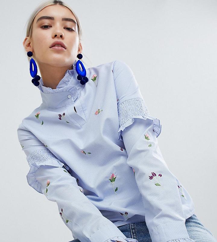 Boohoo High Neck Striped Embroidered Blouse - Blue