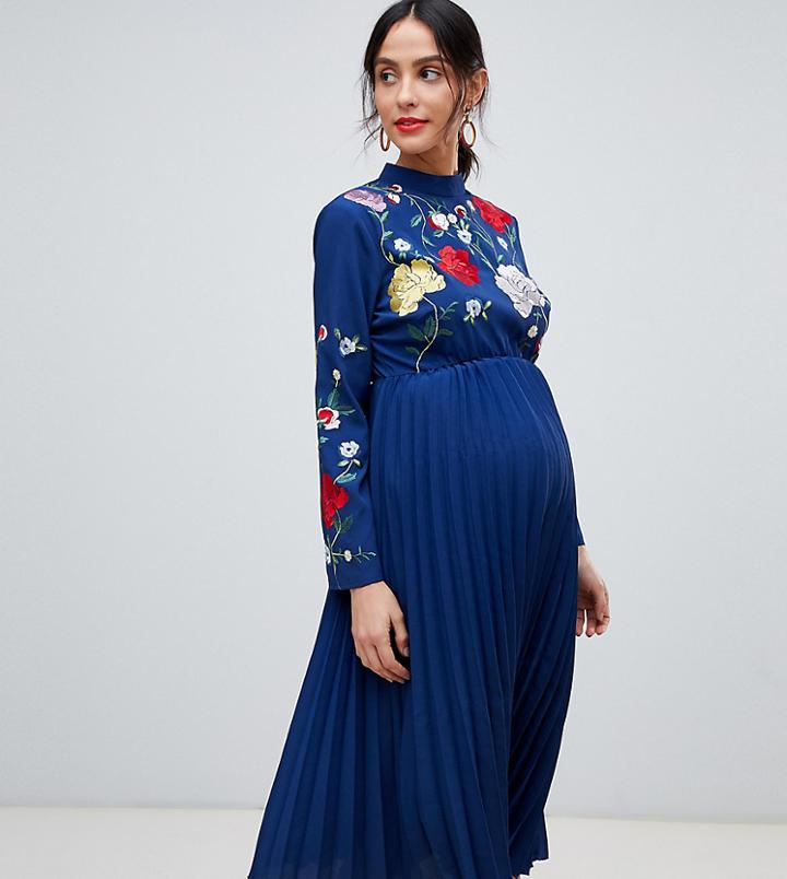 Asos Design Maternity Pleated High Neck Midi Dress With Embroidery - Navy