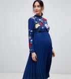Asos Design Maternity Pleated High Neck Midi Dress With Embroidery - Navy