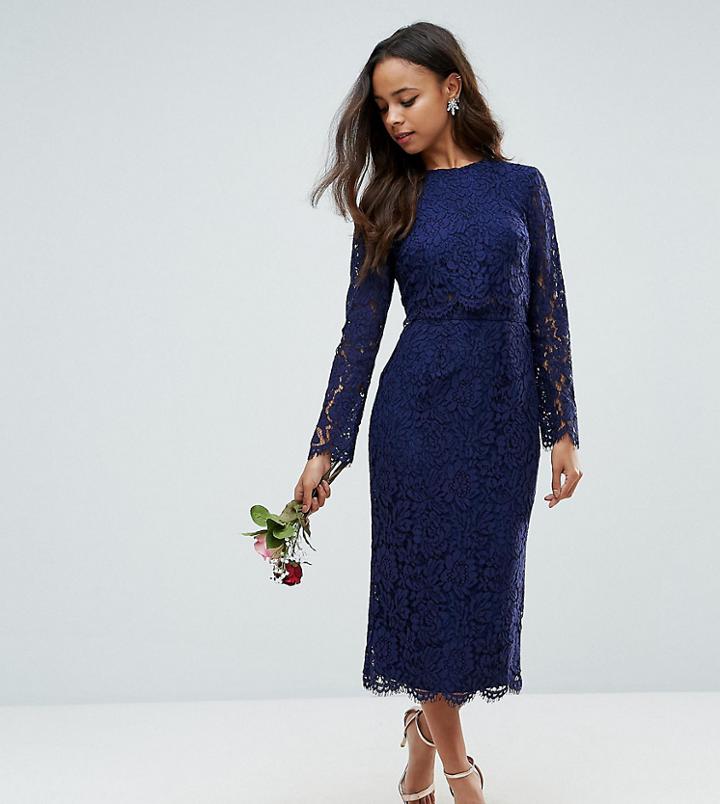 Asos Petite Wedding Long Sleeve Midi Pencil Dress - Navy