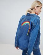 Chorus Oversized Denim Jacket With Rainbows Ribbons Back - Blue