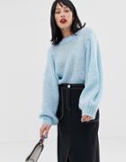 Asos Design Sweater In Lofty Yarn With Volume Sleeve-blue