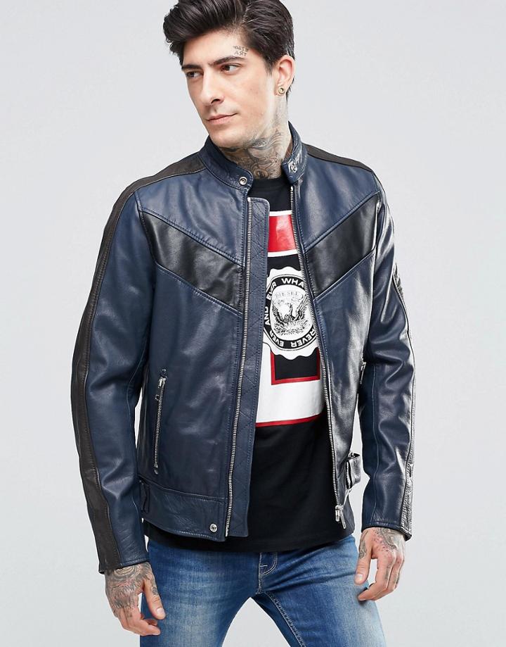 Diesel L-reed Leather Biker Jacket Contrast Chevron - Navy