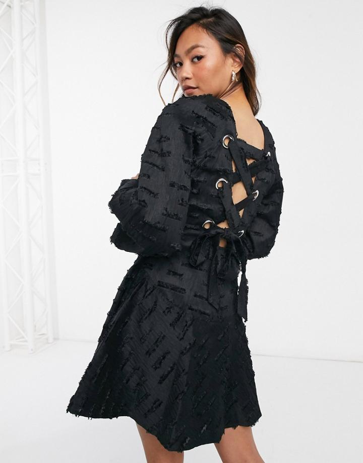 Asos Design Textured Mini Smock Dress With Pephem Puff Sleeves And Eyelet Back In Black