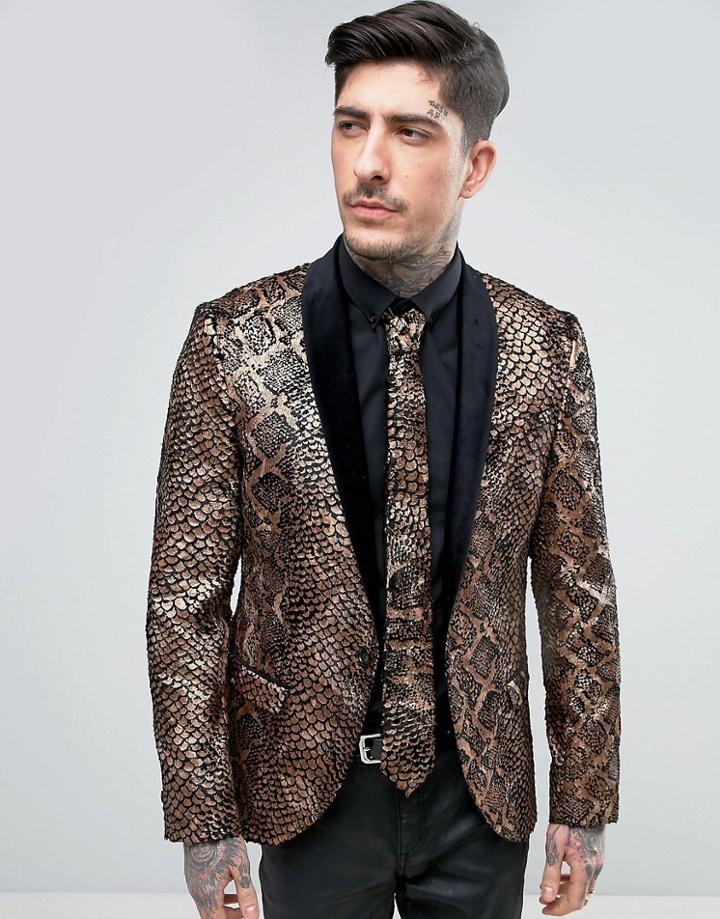 Noose & Monkey Super Skinny Snakeskin Velvet Blazer - Gold