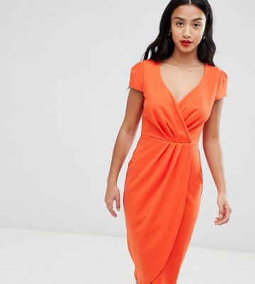 City Goddess Petite Bardot Wrap Over Pencil Midi Dress - Orange