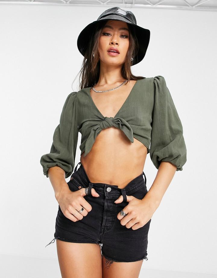 Topshop Linen Tie Front Top In Khaki-green