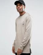 Asos Longline Sweatshirt With Chest Print & Side Zips & Wash - Beige