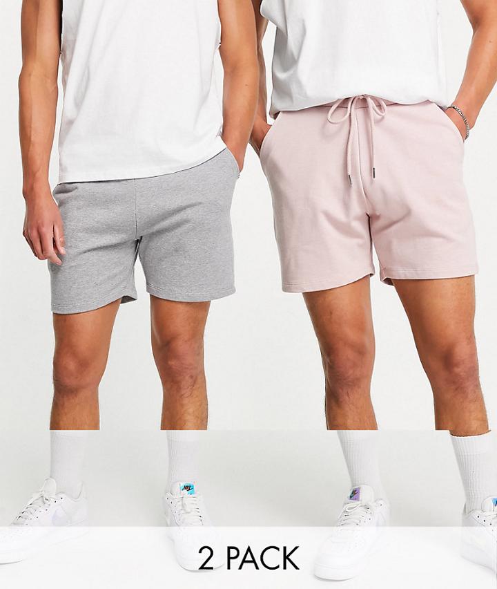 Asos Design Jersey Slim Shorts Shorter Length 2 Pack In Pink/gray Heather-multi