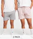 Asos Design Jersey Slim Shorts Shorter Length 2 Pack In Pink/gray Heather-multi