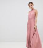 Asos Design Petite Exclusive Halter Waisted Pleated Maxi Dress - Pink