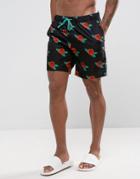 Asos Swim Shorts With Rose Print And Contrast Drawcord In Mid Length - Black