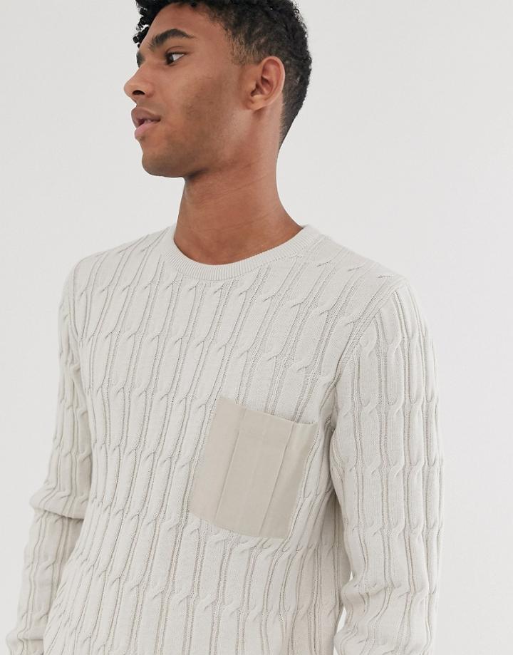 Asos Design Cable Knit Sweater With Woven Pocket In Oatmeal