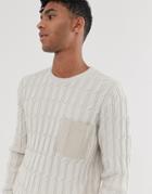 Asos Design Cable Knit Sweater With Woven Pocket In Oatmeal