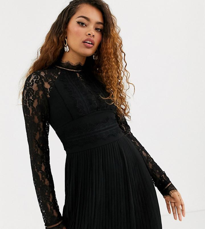Tfnc Petite Bridesmaid High Neck Long Sleeve Pleated Mini Dress With Lace Inserts In Black