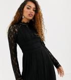 Tfnc Petite Bridesmaid High Neck Long Sleeve Pleated Mini Dress With Lace Inserts In Black