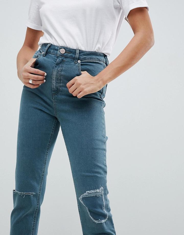 Asos Design Farleigh High Waist Slim Mom Jeans In Amaris Green Cast Wash - Blue