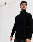Asos Design Lambswool Cable Knit Roll Neck Sweater In Black