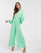 Asos Design Plunge Jacquard Jumpsuit With Ruched Waist Detail In Green
